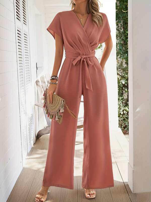 Surplice Neck Short Sleeve Jumpsuit, Elegant Solid Tie Waist Wide Leg Jumpsuit For Spring & Summer, Women's Clothing - Image 4