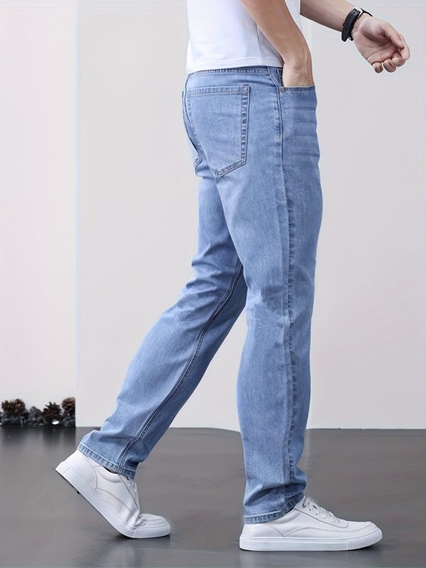 Men's Classic Blue Jeans - Lightweight Stretch Denim, Slim Fit Straight Leg with Pockets, Machine Washable, Versatile for Everyday & Outdoor Wear, All-Season Comfort, Polyester Blend, Mid-Rise Design - Image 5
