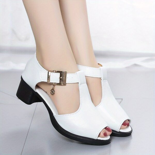 Elegant Women's Open-Toe Chunky Heel Sandals - Black Synthetic Cover with Golden Buckle Strap, Mid-Heel Comfort, Breathable Cut-Out Design & Cushioned Insole for Summer Casual & Formal Occasions, Comfortable Midheels | Durable Rubber Sole - Image 12