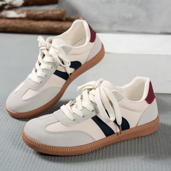 Women's Casual Sneakers - Low-Top Lace-Up Geometric Color-Block Design (White/Navy/Red) | Synthetic Cover & Fabric Upper, Breathable EVA Cushion & Durable PVC Sole | Spring Fashion Versatile Shoes for Daily Commute, Students & Casual Outfits, Ladies Sneakers