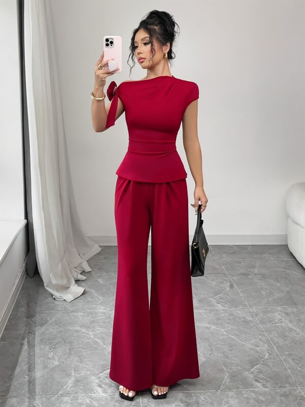 Women'S Chic Solid Color Off-Shoulder Top with Floral Detail & Wide-Leg Pants - Stylish Two-Piece Set with Belt, Allseason Wear, Stylish Two Piece Set|Floral Accent Top|Adjustable Waist Pants, Floral Print Pants - Image 3