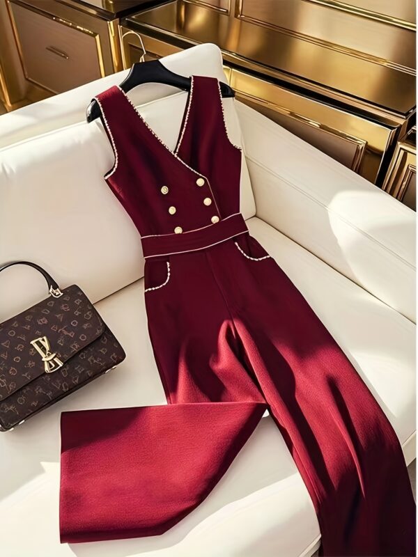 Elegant Red V-Neck Jumpsuit for Women - High Waist Wide Leg with Front Button Detail, All-Season Versatile Romper, Adult Fashion, Stylish Outfit, Quality Fabric - Image 2