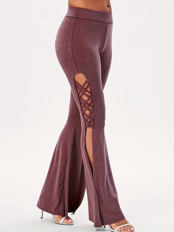 Nini Women's High-Waisted Flared Pants with Side Cross Strap Cut-Out Design - Solid Color Casual Trousers, Medium Stretch Machine-Washable Fabric for Spring Summer Fall, Versatile for Home, Commute & Outings, Cute Pants, Home Wear Trousers, Comfortable Fit Trousers