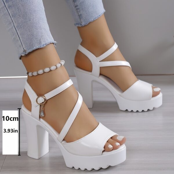 Women'S Summer Fashion Chunky Heel Sandals - White Open Toe with Buckle Strap, Comfortable PU Sole, Stylish High Heel Sandals for Casual Wear, Chunky Heel Sandals - Image 13