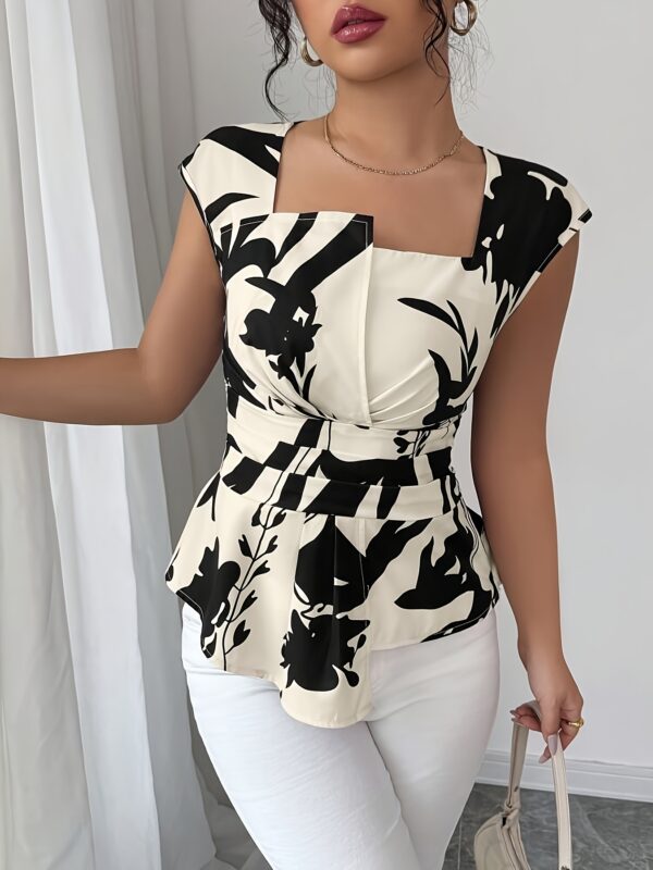 Elegant Women'S Floral Print Blouse with Ruched Detail - Sleeveless, V-Neck, White & Navy Blue Design, Perfect for Spring/Summer, Stylish and Versatile Top, Ladies Blouses - Image 4