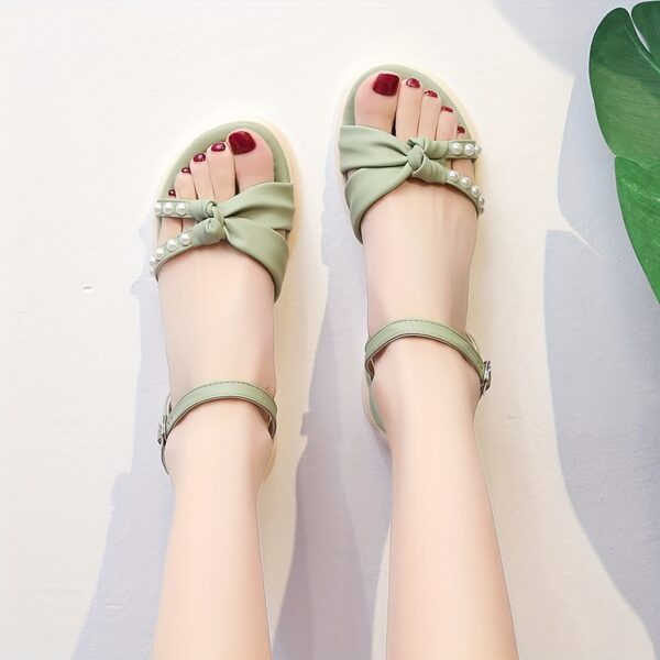 Elegant Women'S Flat Sandals with Buckle Strap - Open Toe, Synthetic Cover, Rubber Sole, Green & White Design, Comfortable Summer Footwea - Image 7