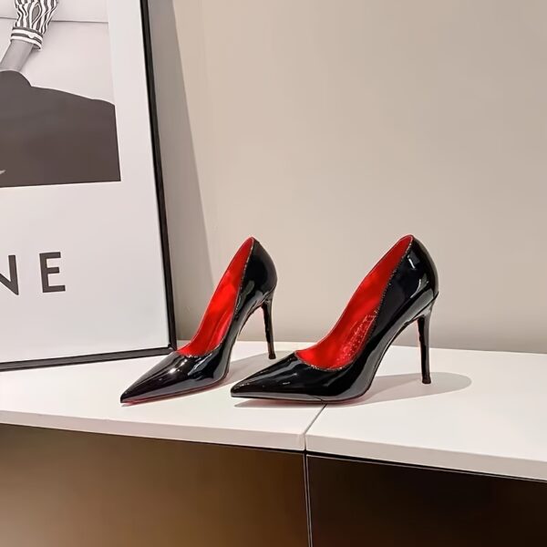 Women's Pointed Toe Glossy Synthetic Cover Stiletto High Heel Pumps - Black with Red Accents, All-Season Versatile Dress Shoes for Formal & Casual Outfits, Stiletto Heels, Formal Footwear, Durable Rubber Sole, Polished Finish Shoes