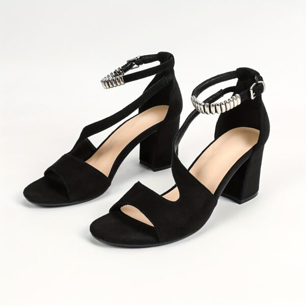 Ladies Solid Color Block Heel Open Toe Buckle Strap High Heel Summer Sandals, All-Season, Synthetic Upper, Synthetic Inner, Rubber Sole, Synthetic Insole - Image 12