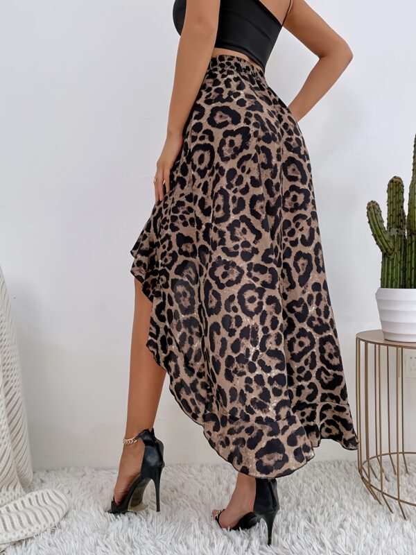 Women's Leopard Print Tiered Ruffled Hem Skirt - High-Low Asymmetrical Design, Lightweight Machine-Washable Fabric for Spring/Summer, Elegant Casual to Dressy Outfits, Leopard Print Skirt, Summer Fashion, Nontransparent Fabric - Image 2