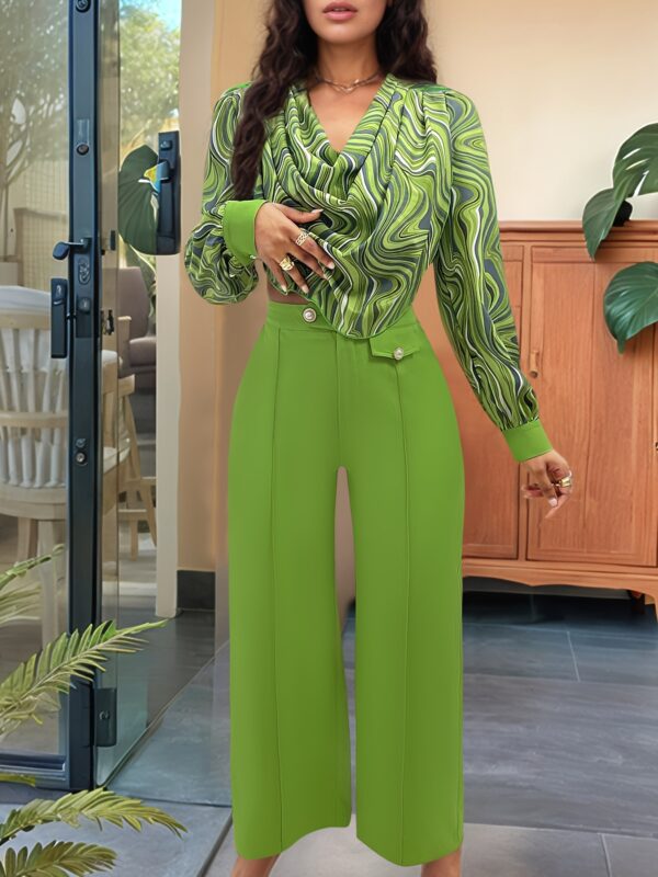 Women's Elegant Lantern Print Long Sleeve Top and High-Waist Pants Two-Piece Set - Image 7