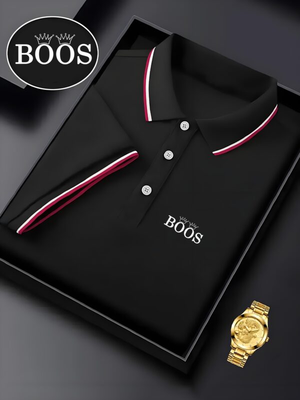 BOOS Men's Classic Shirt - Breathable Summer Short Sleeve, Navy Blue with Red & White Striped Collar, Casual Business & Tennis Training, High-End Polyester Fabric, Button-Up Design - Image 2