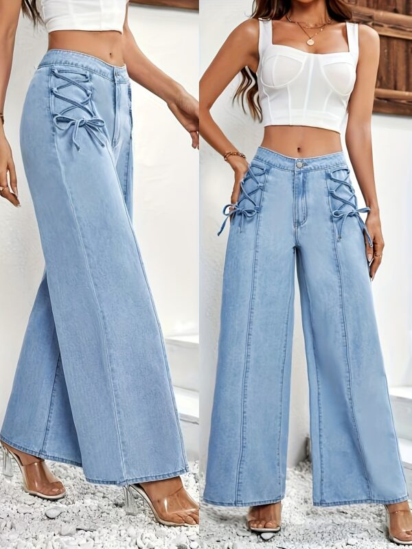 Women'S High-Waist Wide-Leg Jeans with Front Tie-Up Detail - Stretch Denim, Light Blue, Casual Style, Perfect for All Seasons, Comfortable Fashion|Casual Style Jeans|Front Tie Detail