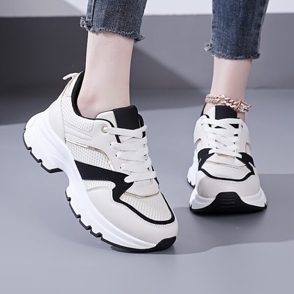 Women'S Fashion Sneakers, Lightweight Running Shoes with Thick Sole, Breathable Mesh Casual Lace-up Outdoor Athletic Shoes, Solid Color All-Season Footwear, Fabric Upper, TPU Sole - Image 4