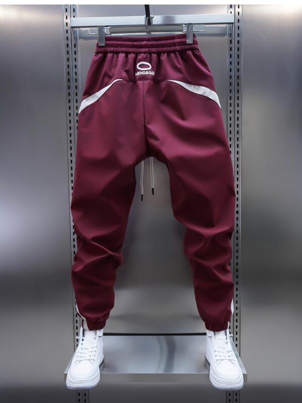 Men'S Slim-Fit Athletic Joggers with White Striped Side Panels, Elastic Waistband & Drawstring, Embroidered Lettering - Maroon & White Casual Streetwear Pants for Gym, Casual Attire, and Everyday Comfort, Jogging Pants, Gym Apparel, Sporty Style, Durable Fabric - Image 2