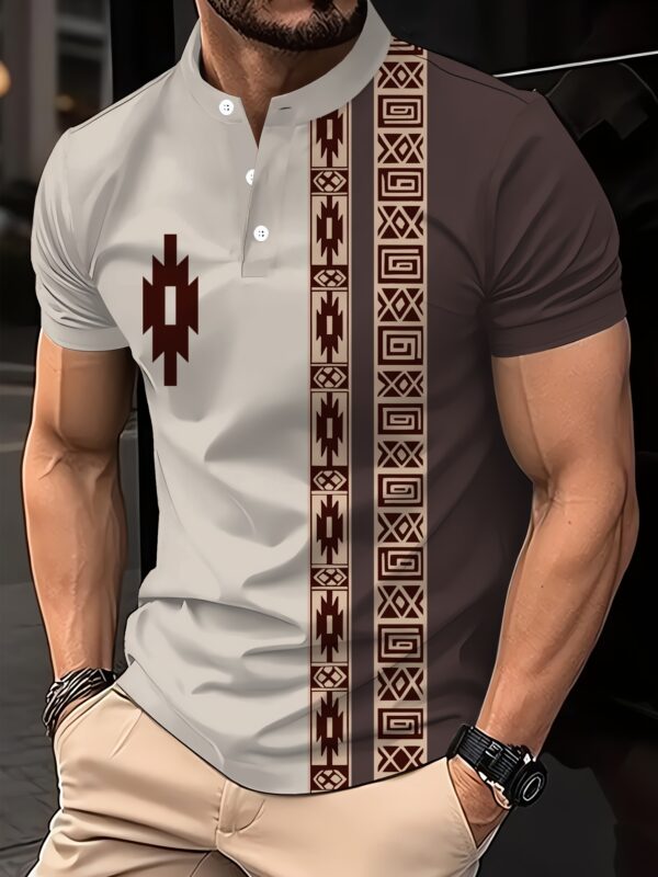 Men's Summer Casual Shirt - Ethnic Geometric Contrast Color Block Design, Asymmetrical Print, Stand-Up Collar & Button Detail, Breathable Short Sleeve for Business Casual & Casual Attire, Durable Fabric Tee, Machine Washable Top - Image 2