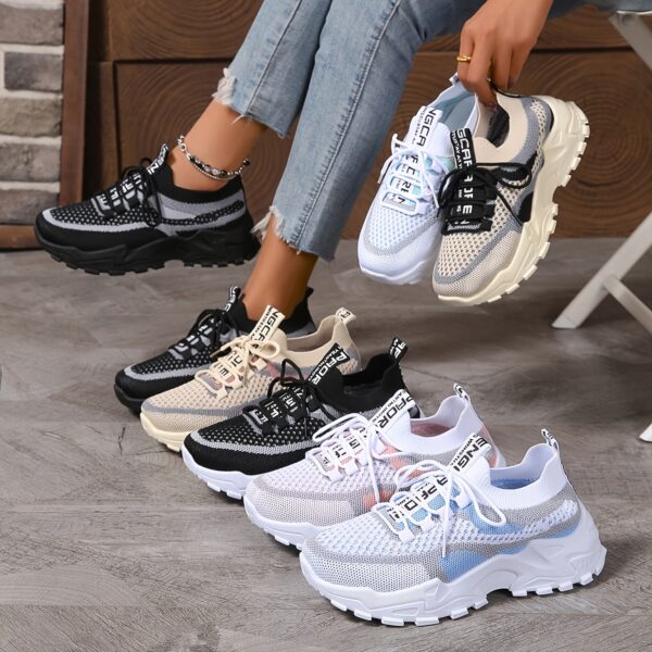 Women's Fashion Breathable Mesh Sneakers - Comfortable Low-Top Casual Lace-Up, Thick Sole Sneakers in Black/White, Beige/Grey, and Blue/Pink, Geometric Pattern, All-Season Wear - Image 2