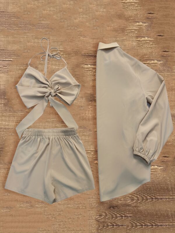 Khaki Charm Three-Piece Set: Blazer, Vest, and Shorts - Stylish V-Neck Lace-Up Blazer with Button Details, Solid Color Polyester, Perfect for Spring/Summer - Image 2