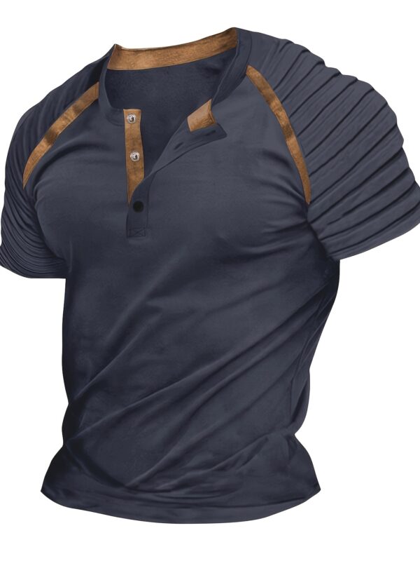 1pc Men'S Summer Casual Short Sleeve T-Shirt, Striped Knit Polyester Fabric, Regular Fit, with Pleated Design, Asymmetric Hem, Button-Down Half Collar for Fashionable Streetwear - Image 6