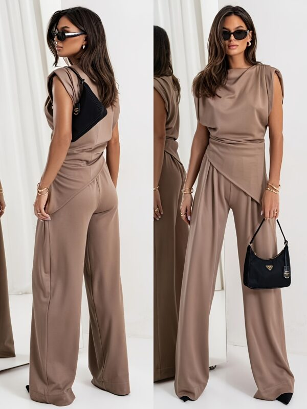 Y2K Natural Pleated Chocolate Two-in-One Sleeveless Long Pants Casual Set LL425