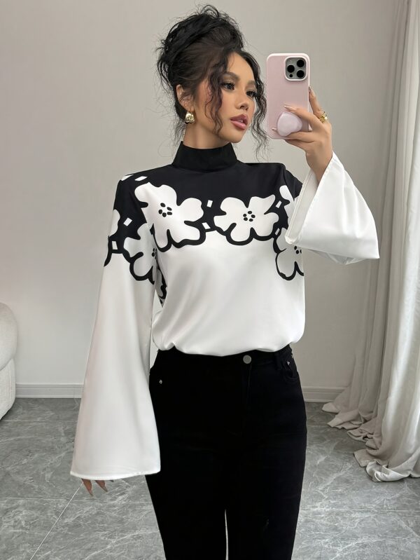 Elegant Floral Print Long Sleeve Stand Collar Shirt for Women - Polyester, Flutter Sleeve, Zipper Closure, All Seasons, Adult Size, Woven Fabric, 120 g/m²