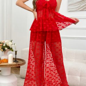 2pcs Sexy Lingerie Pajama Set with Ruffled Lace, Heart Print, and Bow Detail, Loose-Fitting Nightgown and Camisole Top, Polyester Elastane, Fabric, 230g/m², for Women