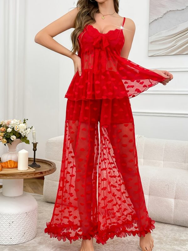 2pcs Sexy Lingerie Pajama Set with Ruffled Lace, Heart Print, and Bow Detail, Loose-Fitting Nightgown and Camisole Top, Polyester Elastane, Fabric, 230g/m², for Women