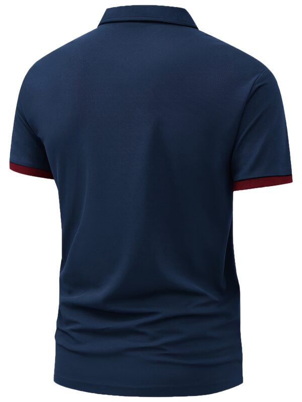 Men'S Navy Blue Geometric Print Polo Shirt - Casual Short Sleeve with Red Trim, Button-Up Collar, Lightweight & Breathable for Summer Outdoor Activities, Summer Casual Wear | Geometric Pattern Shirt | Comfortable Fit - Image 4