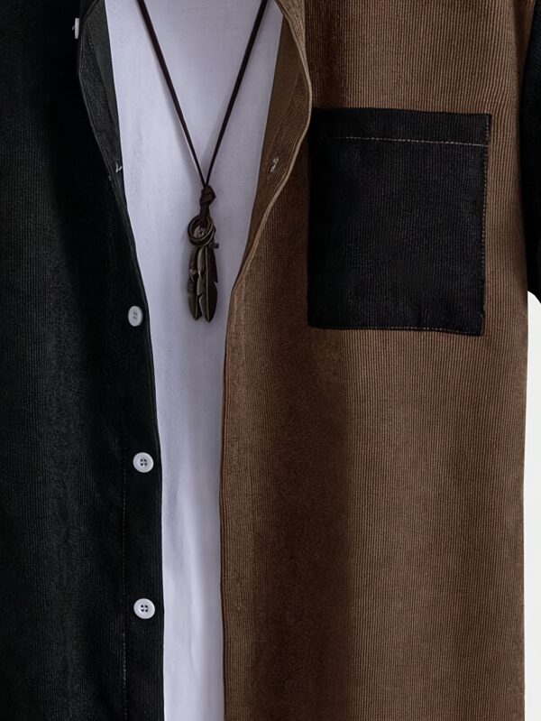 Men'S Summer Corduroy Short Sleeve Shirt with Button- Collar & Chest Pocket - Black & Brown Two-Tone Design, Casual Short Sleeve Button-Up for Casual Attire, Short Sleeve Shirts, Casual Style, Textured Fabric - Image 5