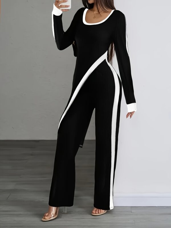 Women'S Elegant Black and White Striped Long Sleeve Jumpsuit with Wide Legs - Polyester, Asymmetrical Design, Perfect for Spring/Fall, Casual to Formal Wear, Casual Attire|Asymmetrical Jumpsuit|Polyester Fabric