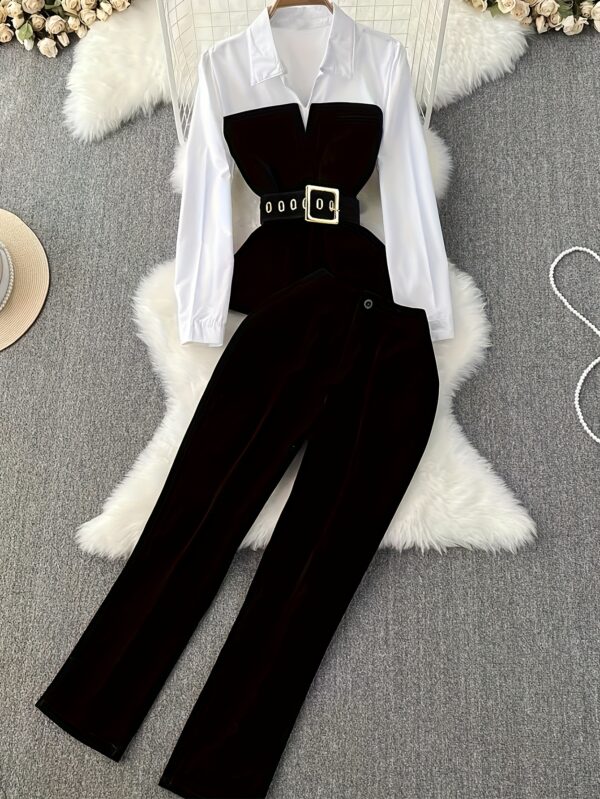 Elegant Women'S Color Block Suit - Stylish White Blouse & Black Pants with Belt, Perfect for All Seasons, Allseason Suit|Chic Blouse Design|Sleek Fit Pants - Image 3