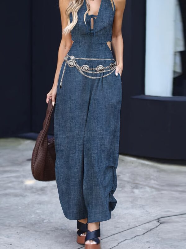 2025 New Style Off-Shoulder Women's Fashion Jumpsuit High-Waist Wide-Leg Hollow-Out Chic Summer Vacation Casual Outfit - Image 4