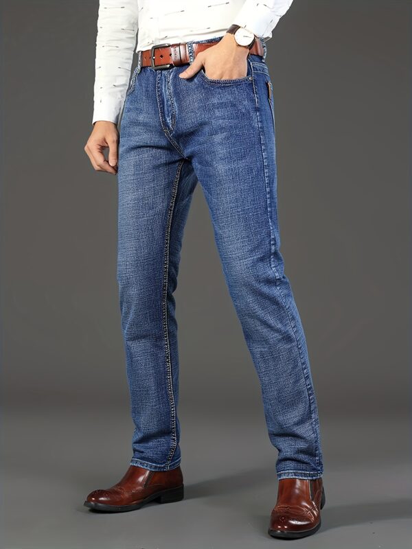 1pc Men'S Classic Denim Jeans - All-Season Stretch Regular Fit Solid Color Washed Basics, 64.5% Cotton, 33.5% Polyester, 2% Spandex, Woven Fabric, Casual Business Work Pants - Image 3