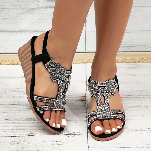 Vibrant Comfort | Bohemian Style Women's Rhinestone Wedge Sandals, Open Toe Platform Heel with Elastic Strap, Summer Beach Music Festival Slip-On Shoes, Man-Made Upper/Inner/Insole, TPR Sole, Beach Sandals | Toe Post Sandals | Decorative Sandals - Image 17