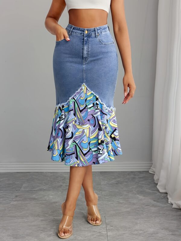 Vintage Stretch Denim Midi Skirt with Chiffon Overlay and Unique Asymmetrical Hem - Mid-Rise, Fishtail Design, Machine Washable - Light Blue to Dark Purple Gradient, Abstract Patterns, Spring/Summer/Fall Women’s Fashion, Fall Casual Wear | Comfortable Midrise - Image 5