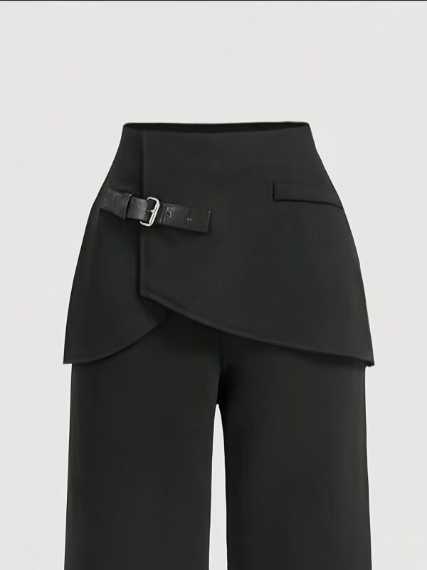 Women'S High-Waist Wide-Leg Pants with Asymmetrical Hem & Decorative Belt - Black Solid Color, Regular Fit, Long Length for Spring/Summer Casual & Formal Outfits, Versatile Fashion, Sophisticated Style, Smooth Texture - Image 5