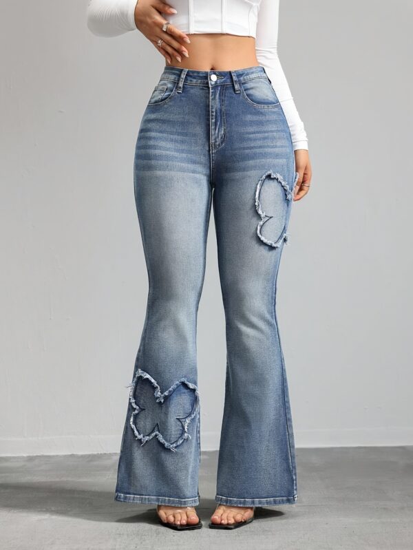 Women'S High-Waist Stretch Denim Jeans with Vintage Butterfly Embroidery - Casual Flared Leg, All-Season Wear, Geometric Pattern, Fashionable Retro Design