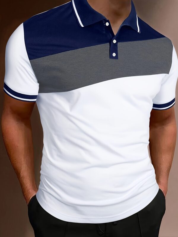 Casual Geometric Pattern Men's Color Block Short Sleeve Shirt, Stylish Male Shirt For Golf Sports, Gift For Men