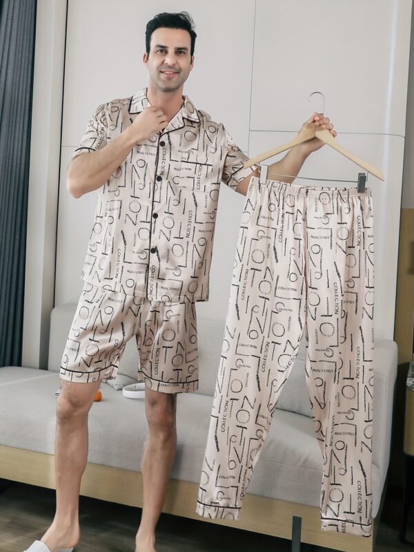 Men'S Summer Sleepwear Set with Short Sleeves, Shorts, And Long Pants, Featuring a Thin Fabric And Letter Print Design, Includes a Cardigan. - Image 2