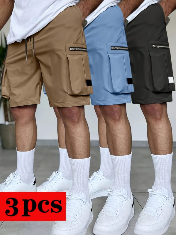 3pcs Men'S Summer Cargo Shorts Set, Loose Straight-Leg Multi-Color with Multiple Pockets, Zippered Pockets Elastic Waist Outdoor Casual Sports Shorts - Image 4