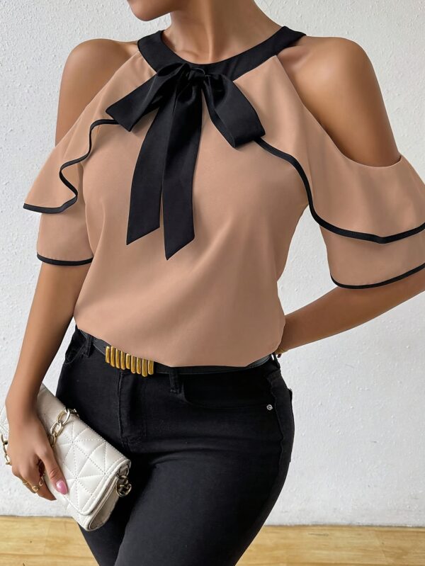 Elegant Off-Shoulder Bow Blouse for Women - Chic Solid Color Polyester Top, Perfect for Summer, Adds a Stylish Touch to Your Outfit - Image 4