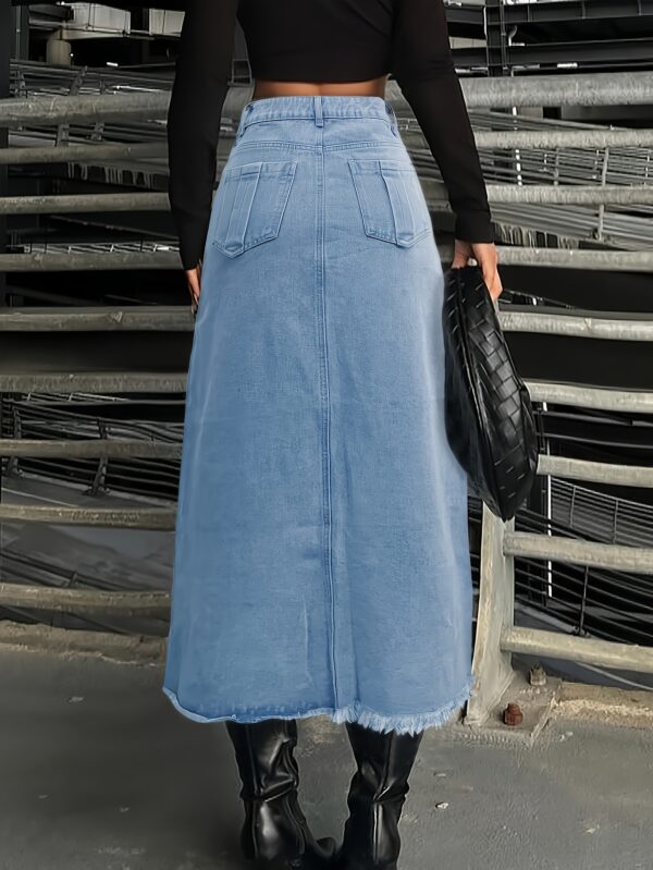 SWAKAKI Women's Stylish High-Rise Button Fly Denim Skirt - Split Hem Midi Jean Skirt, Streetwear Inspired, Non-Stretch Polyester Blend, Perfect for Spring/Summer/Fall, High Waisted Skirt, SWAKAKI - Image 2