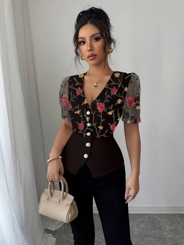 Elegant V-Neck Blouse for Women | Vintage Floral Embroidery with Lace Detail | Short Sleeve, Button-Up Shirt | Polyester & Spandex Blend | Spring/Summer Collection | Chic Waist-Cinching Design | Versatile Fashion Top, Ladies Blouses - Image 2