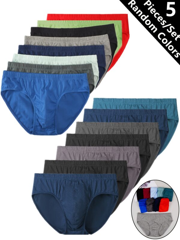 5pcs Men's Solid Color Breathable Cotton Mid-Waist Briefs, Comfortable Everyday Underwear - Random Colors