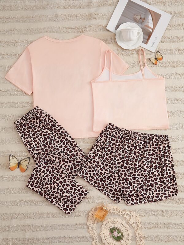 Women's Leopard Butterfly Print Casual Pajama Set, Short Sleeve Round Neck Top & Crop Cami Top & Pants & Shorts, Comfortable Relaxed Fit - Image 4