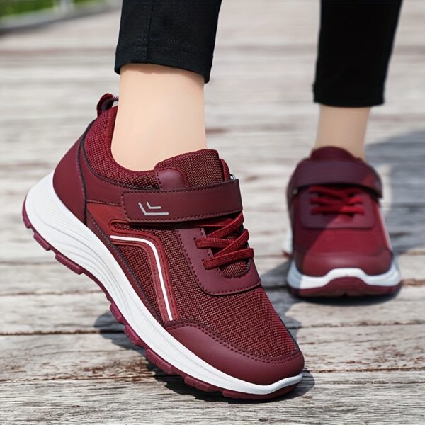 Women's Breathable Mesh Sneakers - Maroon Low-Top Casual Sneakers with Adjustable Hook-and-loop Fastener Strap & Laces, Comfortable Fabric Insole, All-Season Round Toe Design, Breathable Footwear | Stylish Mesh Sneakers | Adjustable Strap Sneakers