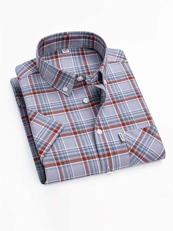 1pc Men'S Cotton Plaid Short Sleeve Shirt - Summer Casual Business Casual with Chest Pockets, Durable & Comfortable, Non-Stretch Fabric, Regular Fit, Blue/White/Orange/Black Checkered Pattern, Perfect for Weekend Outings, Casual Summer Wear | Checkered Pattern Shirt | Comfortable Fit Shirt - Image 5
