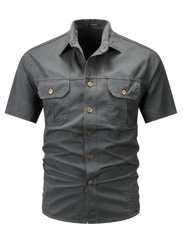 Men'S Summer Casual Short-Sleeve Shirt, 100% Cotton, Solid Color, Lapel Collar, Regular Fit, Woven Fabric, 170gsm, with Pockets, for Outdoor Hiking & Daily Wear - Image 2