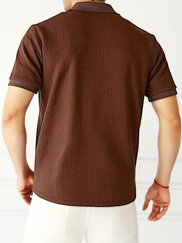 Men's Summer Shirt - Short Sleeve Geometric Pattern Button-Up Collar, Contrast Color Block Design, Breathable Knit Fabric, Machine Washable Casual Top for Office & Leisure, Relaxed Fit Apparel, Easycare Clothing - Image 2