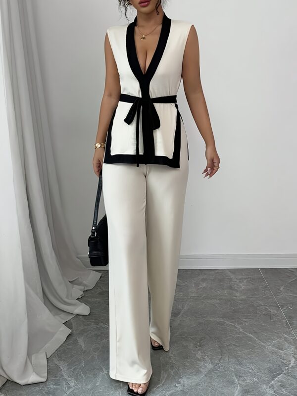 2pcs Elegant Women'S Sleeveless Crop Top & Wide-Leg Pants Set - Black & White Contrast, V-Neck Waistcoat with Belt, Perfect for Spring/Summer, Stylish Accessories|Contrast Detailing|Vneck Top, Ladies Fashion - Image 11