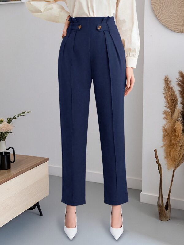 Women's Elegant Solid Color Straight-Leg Pants - Navy Blue Non-Stretch Trousers with Decorative Button Accents, All-Season Versatile Office & Casual Wear, Hand Wash/Dry Clean, Seasonal Versatility, Highwaisted Design, Smooth Fabric Finish, Workwear Essentials, Classic Style, Tailored Fit, Formal Bottoms, Adult Women - Image 17